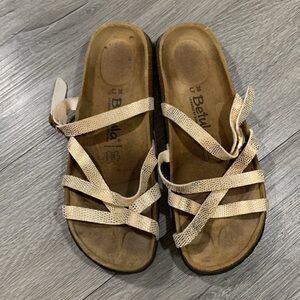 Betula by Birkenstock Vinja Strappy Gold & Cream Leather Slip on Sandals size 7